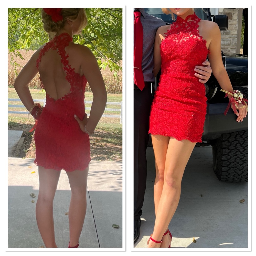 Elegant Mori Lee Red Lace Halter Dress